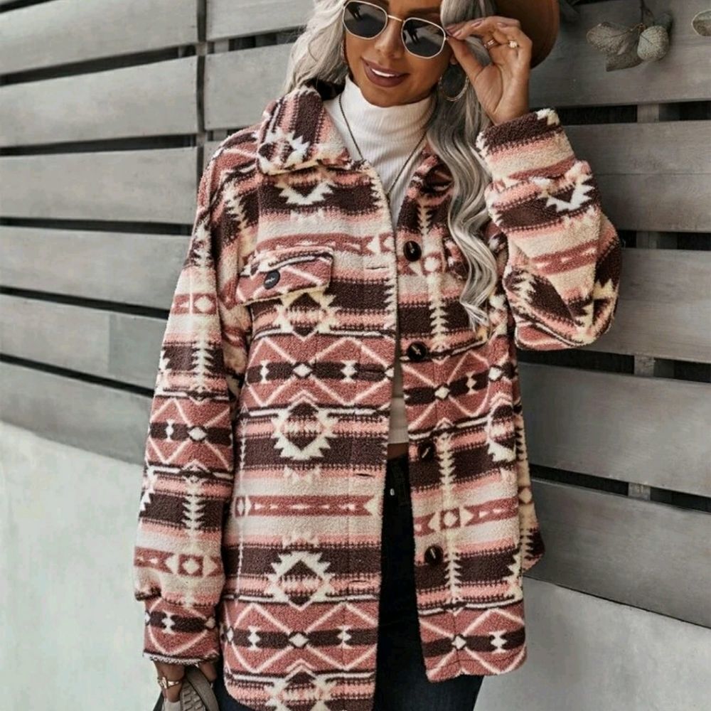 Geo Pattern Drop Shoulder Fleece Coat - Picture 5 of 8